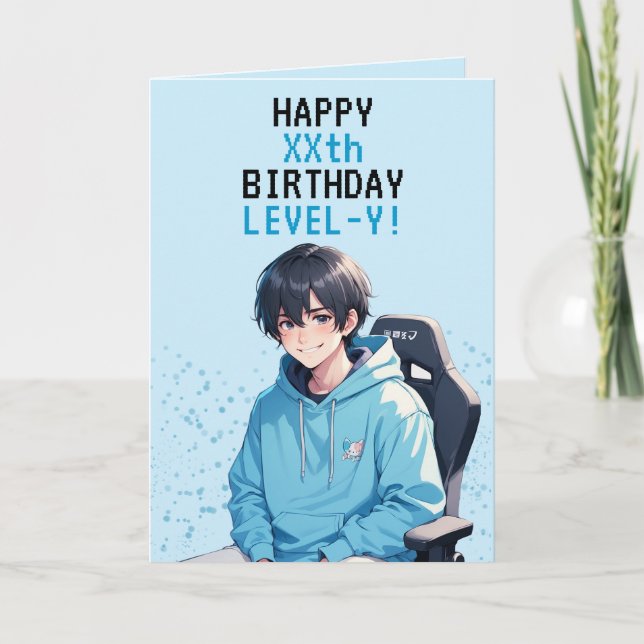 Anime Blue Gamer Personalized Birthday Card (Front)