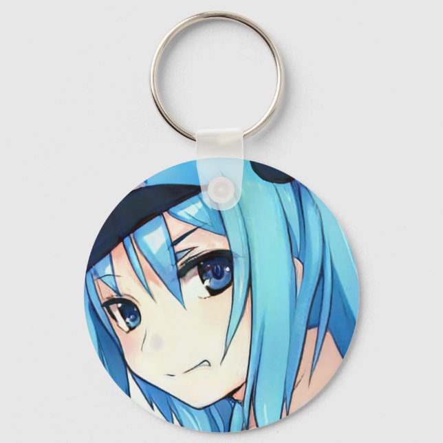 Anime blue-haired girl blue eyes  keychain (Front)