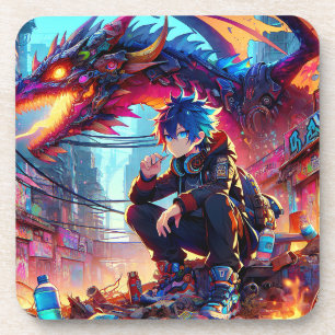 Anime Boy and Dragon in a Dystopian World Coaster