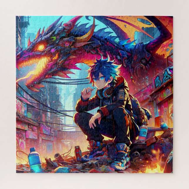 Anime Boy and Dragon in a Dystopian World Jigsaw Puzzle (Vertical)