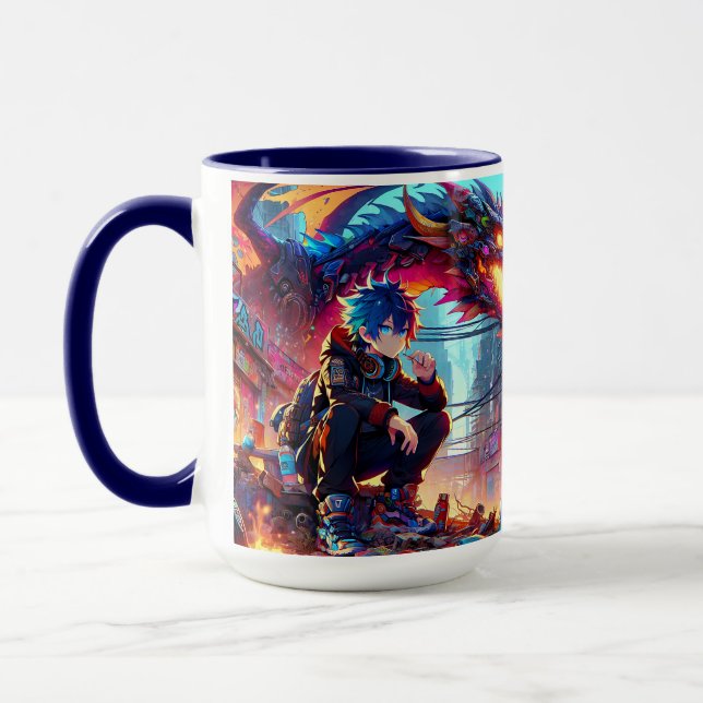 Anime Boy and Dragon in a Dystopian World Mug (Left)