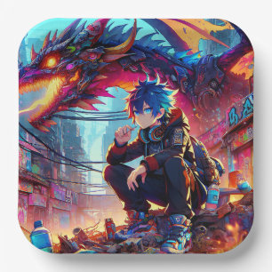 Anime Boy and Dragon in a Dystopian World Paper Plate