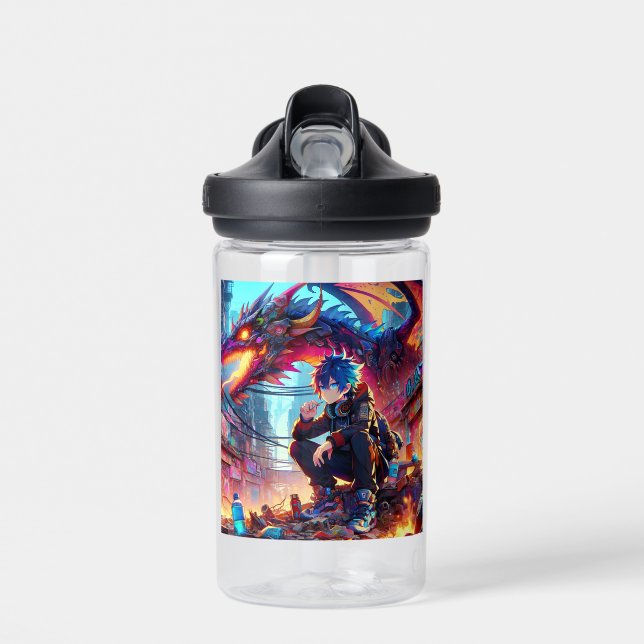 Anime Boy and Dragon in a Dystopian World Water Bottle (Front)