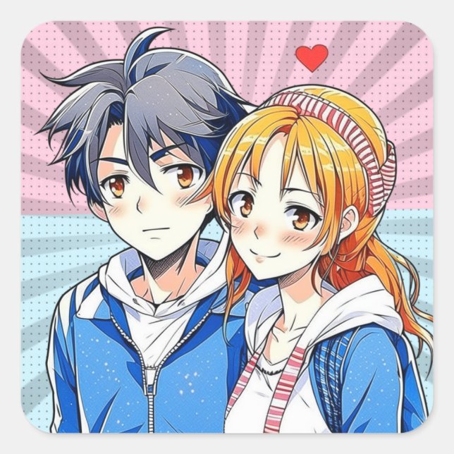 Anime Boy and Girl Couple with Heart Square Sticker (Front)