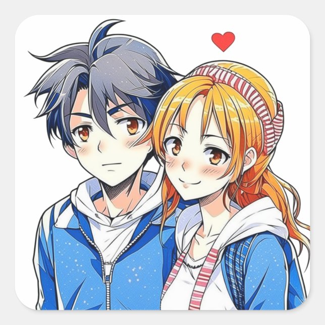 Anime Boy and Girl Couple with Heart Square Sticker (Front)