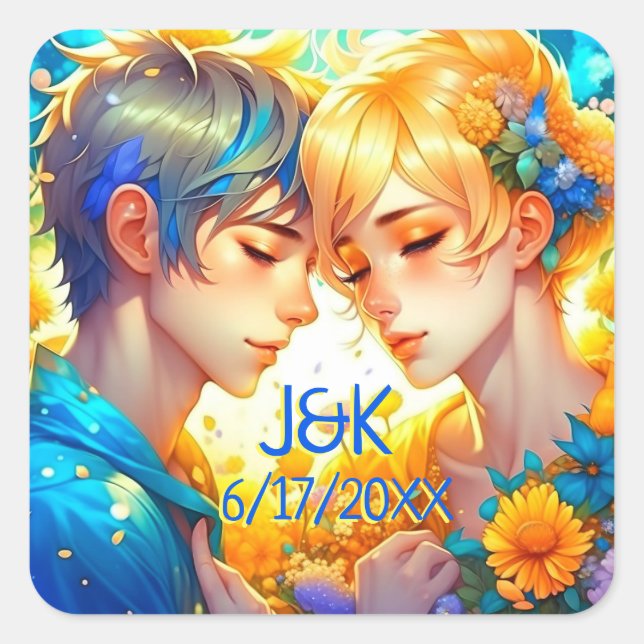 Anime Boy and Girl Floral Couple Personalized Square Sticker (Front)