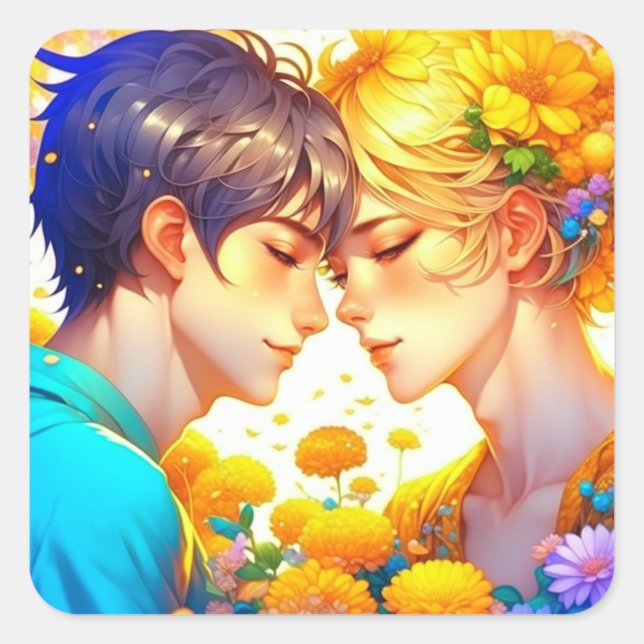 Anime Boy and Girl in Love Romantic Flirty Square Sticker (Front)