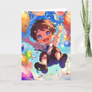Anime Boy Balloons Kawaii Holiday Card