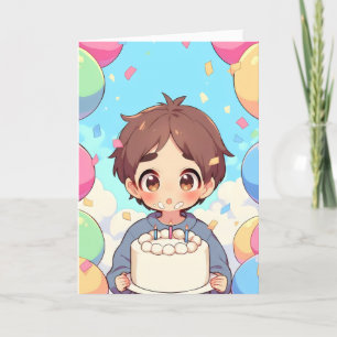 Anime Boy Birthday Cake Colourful Holiday Card