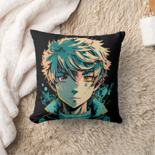 Anime Boy: Gold Hair, Pink and Gold Eyes Throw Pillow