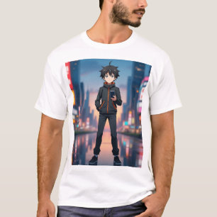Anime Boy in Neon City at Night – Cool Anime Chara T-Shirt