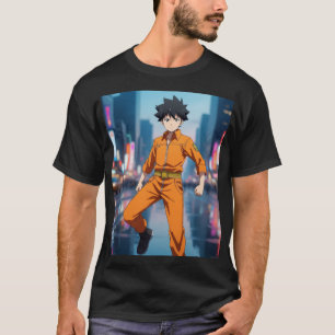 Anime Boy in Orange Jumpsuit Running in Neon City  T-Shirt