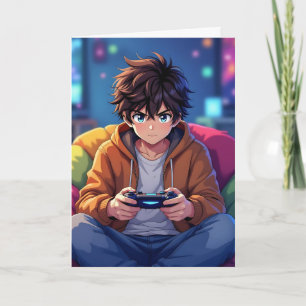 Anime Boy playing Video Game Personalized Birthday Card
