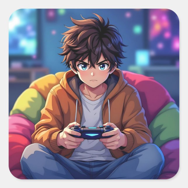 Anime Boy playing Video Game  Square Sticker (Front)