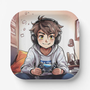 Anime Boy Playing Video Games Birthday Party Paper Plate