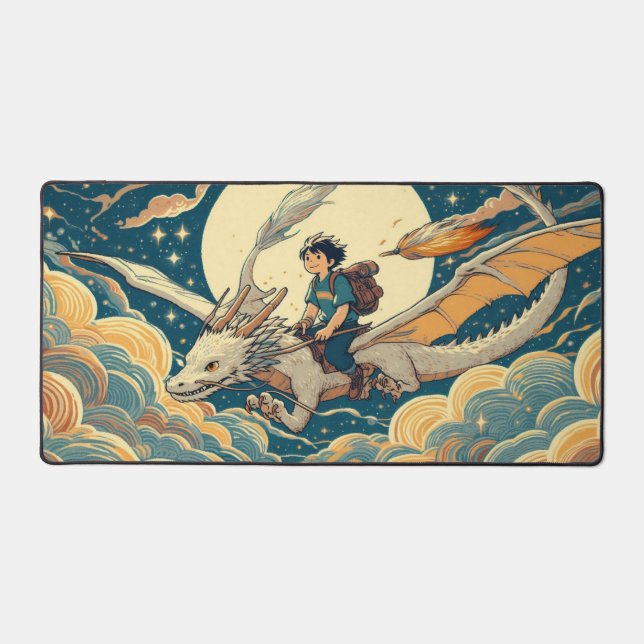 Anime Boy Riding a Dragon Under Full Moon Sky Desk Mat (Front)