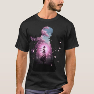Anime Boy Silhouette in Sakura Cherry Blossom  T-Shirt