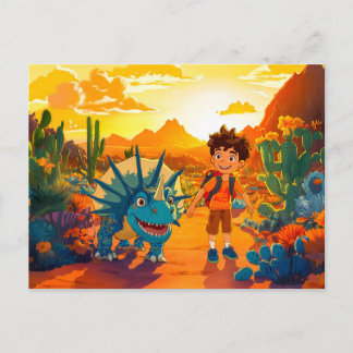 Anime boy walking Triceratops at sunset Holiday Postcard
