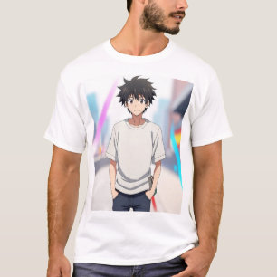 Anime Boy with Black Hair in Modern City Street –  T-Shirt