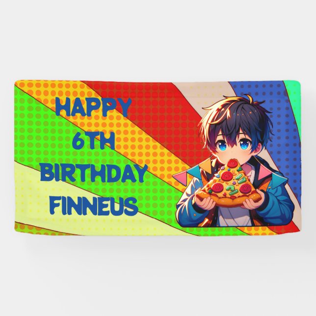 Anime Boy's Pizza Party Personalized Banner (Horizontal)