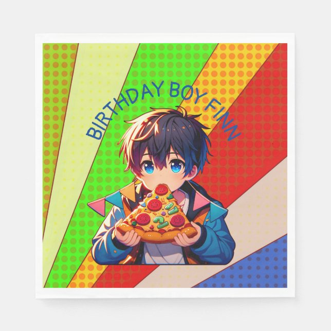 Anime Boy's Pizza Party Personalized Napkin (Front)