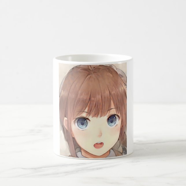 Anime brown-haired girl with blue eyes surprised coffee mug (Center)