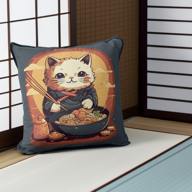 Anime Cat Eating Ramen Cute Japanese Style Throw Pillow (Creator Uploaded)