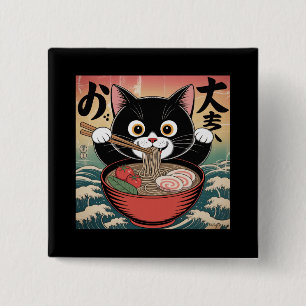 Anime Cat Eating Ramen Funny Japanese Retro Style 2 Inch Square Button