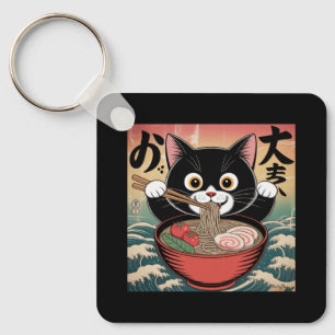 Anime Cat Eating Ramen Funny Japanese Retro Style Keychain