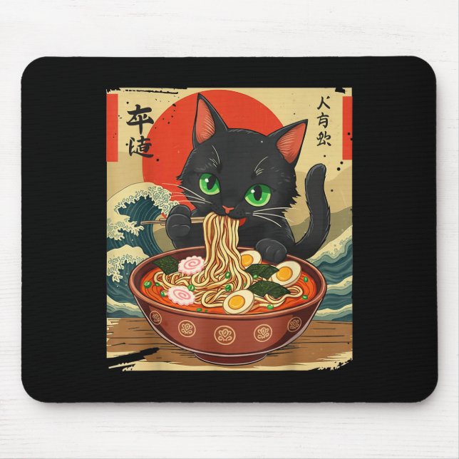 Anime Cat Eating Ramen Japanese Art Graphic Cat Cu Mouse Pad (Front)