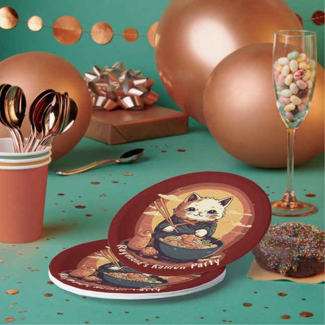 Anime Cat Eating Ramen Noodles Birthday Party Paper Plate (Multi)
