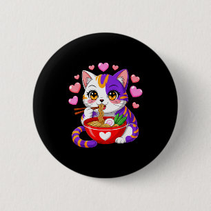 Anime Cat Eating Ramen Noodles With Hearts Funny V 2 Inch Round Button