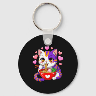 Anime Cat Eating Ramen Noodles With Hearts Funny V Keychain