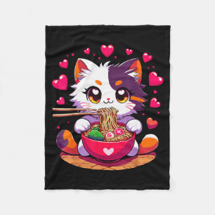 Anime Cat Eating Ramen Noodles With Hearts Valenti Fleece Blanket
