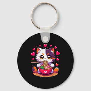 Anime Cat Eating Ramen Noodles With Hearts Valenti Keychain