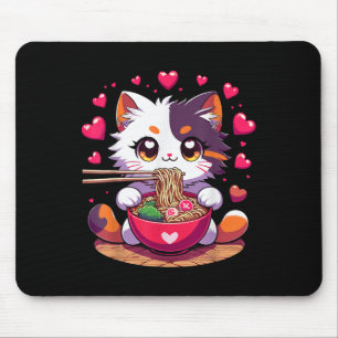 Anime Cat Eating Ramen Noodles With Hearts Valenti Mouse Pad
