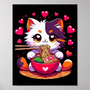Anime Cat Eating Ramen Noodles With Hearts Valenti Poster