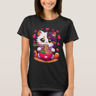 Anime Cat Eating Ramen Noodles With Hearts Valenti T-Shirt
