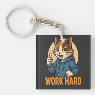 Anime Cat - WORK HARD Motivational Japanese style Keychain
