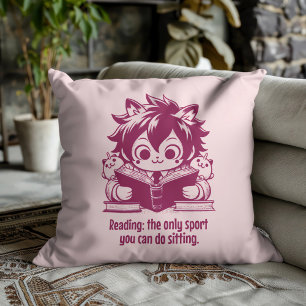 Anime Catboy reading a book & funny bookish quote Throw Pillow