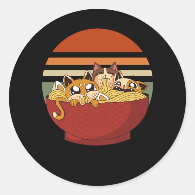 Anime Cats and Ramen Japanese Noodles addicted Classic Round Sticker (Front)