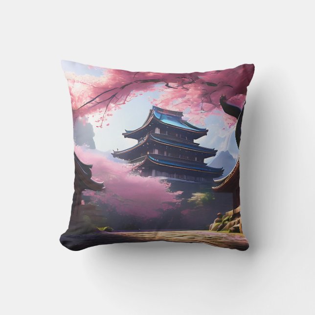 Anime Cherry Blossom & Tranquil Pagoda Landscape Throw Pillow (Front)