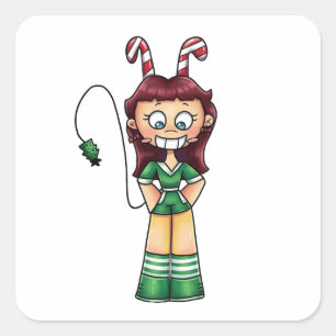 Anime Chibi Candy Cane Girl Christmas Character Square Sticker