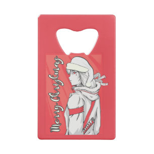 Anime Christmas Sweater, Girl with Xmas Hat Credit Card Bottle Opener