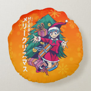 Anime Christmas Sweater- Happy Girl with Santa Hat Round Pillow
