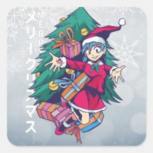 Anime Christmas Sweater- Happy Girl with Santa Hat Square Sticker