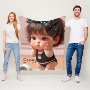 Anime Chubby Girl Photo, Cute Black Head Ribbon Fleece Blanket