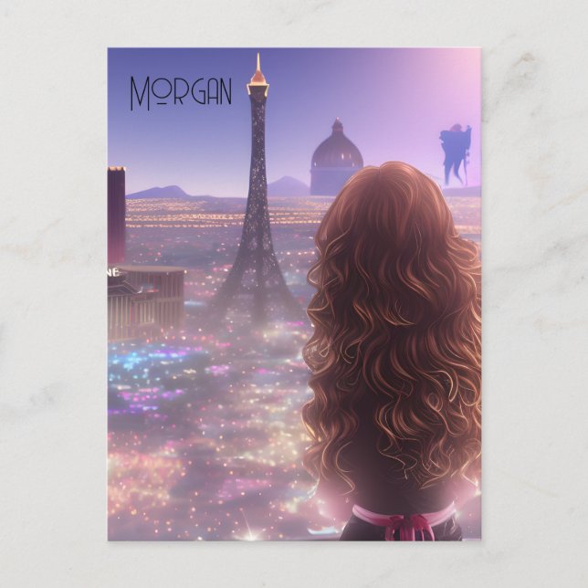 Anime City Girl Day Dreaming Overlooking Skyline  Postcard (Front)