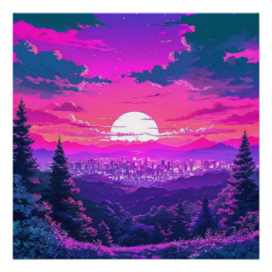 Anime City Mountain Landscape Neon Sunset Poster
