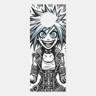 anime comic cheerful art original blu_eyes black_a door hanger